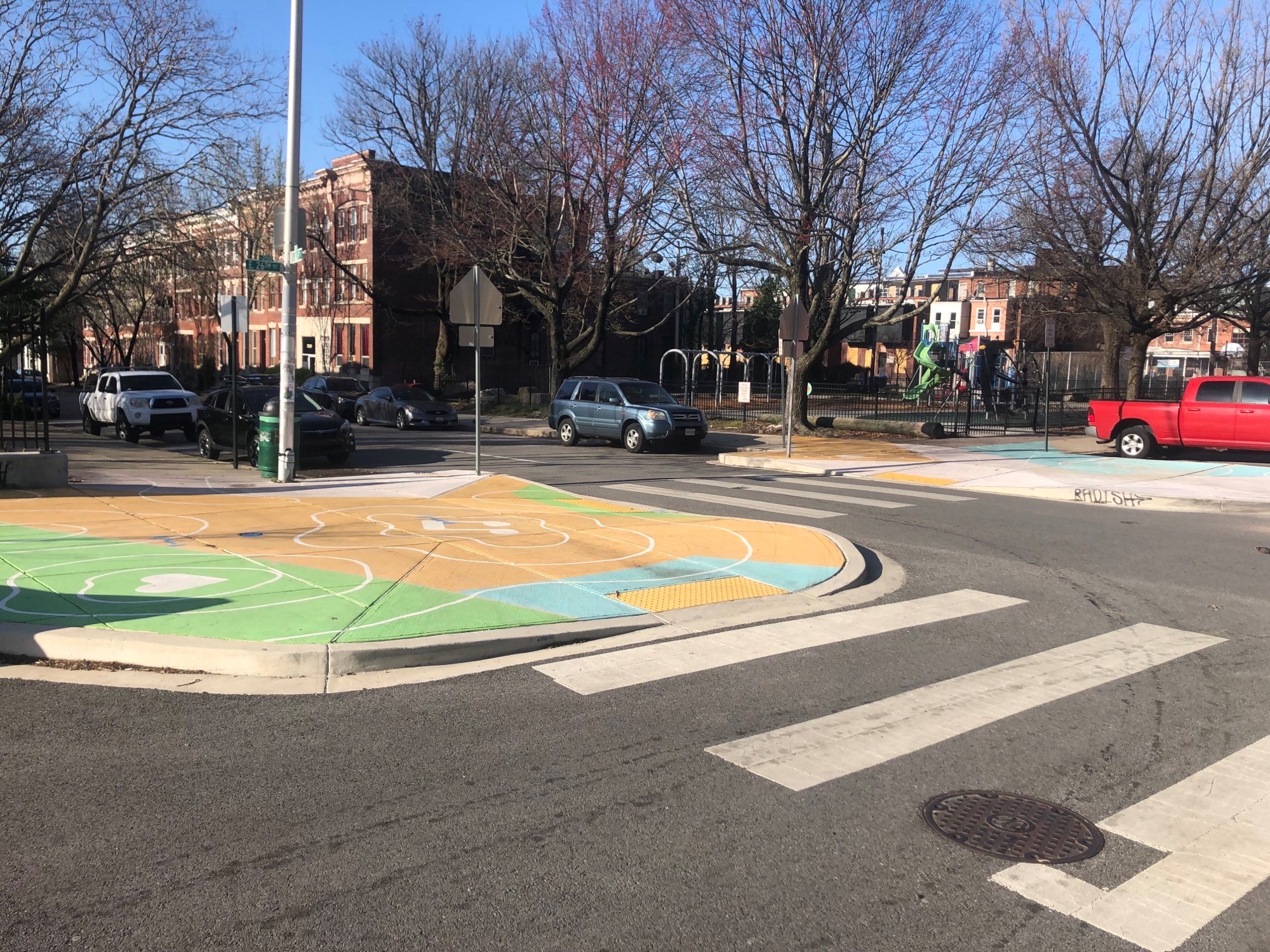 Art in the Right of Way being used near a school and playground at 26th and Calvert Streets